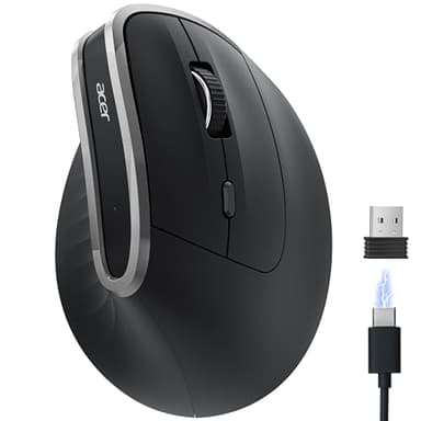acer Mouse Wireless Ergonomico, 2,4 GHz Mouse Verticale Senza Fili, USB C Ricaricabile, 3 DPI regolabili 1600, 6 pulsanti, Ricevitore USB per laptop, PC, iMac, desktop, ecc.