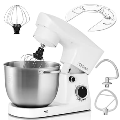 ZEEGMA PLANEET EASY Robot planetario Robot da cucina multifunzionale con ciotola, frullatore a 10 velocità con gancio, agitatore, frusta, coperchio con misure (Bianco, Planeet Easy)