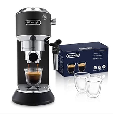 De'Longhi Dedica EC685.BK Macchina da Caffè Espresso Manuale e Cappuccino + 2 bicchieri espresso, Caffè in Polvere o in Cialde E.S.E., Spegnimento Automatico, Serbatoio Estraibile, 1350 W, Nero
