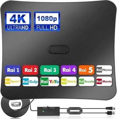 Antenna TV Interna Amplificata Potente, può ricevere segnali DVB-T2 entro un raggio di 380km, Antenna Digitale Terrestre supporta smart TV 4K HD/1080P, con 5m di Cavo Coassiale, Maschio Tipo F