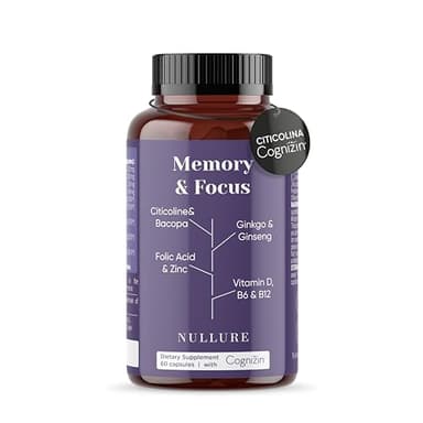 Nullure Nootropico | con Citicolina 250 mg COGNIZIN® | Integratore Memoria e Concentrazione | Testato da terzi | Vegano e Senza Additivi | con Ginkgo Biloba | 60 caps (1 mese) | Prodotto a Barcellona