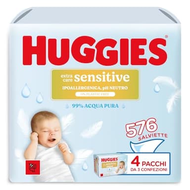 Huggies Extra Care Sensitive, Salviette neonato per pelli sensibili, 99% Acqua pura, 100% Plastic-free, Senza parabeni e alcool, 576 Pz (4 Pacchi da 3 Confezioni)