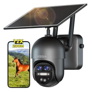 Xega 4G LTE 12X Zoom Ibrido Telecamera Esterno con SIM Scheda,2K HD PTZ Doppio Obiettivo Telecamere Senza Fili con Pannello Solare 10400mAh Batterie,30m Visione Notturna,Détection Humaine,TF/Cloud