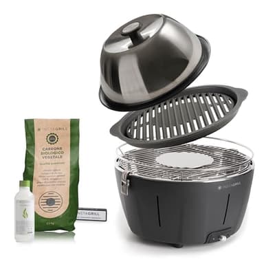 Classe Italy | Barbecue senza Fumo a Carbonella con Coperchio e Griglia in Ghisa. Da Balcone, Portatile. Include Batteria Ricaricabile, Carbone e Gel per accensione. PRO Nero Antracite