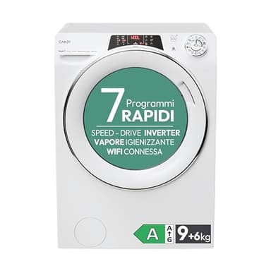 Candy RapidÓ Lavasciuga 9+6 Kg, Libera Installazione, Classe A, 1400 Giri, Connessione Wi-Fi + BLE, Controllo da App hOn, Partenza Ritardata, Opzione Vapore, 60 x 58 x 85 cm, Bianca - ROW4964DWMCT/1-S