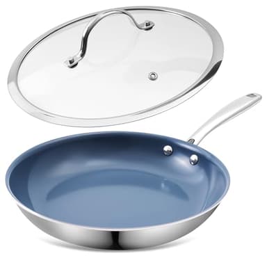 Padella antiaderente in acciaio inox da 26 cm, con rivestimento in ceramica sano, non tossico e coperchio, senza PTFE, PFAS, PFOA, adatta per fornelli a induzione, elettrici e a gas, lavabile in.