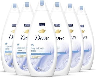Dove Docciaschiuma Talco, Formula con Idratante Dermo-Naturale, con 1/4 di Crema Idratante, Dermatologicamente Testato, Bagnoschiuma Uomo e Donna, 100% Bottiglia Riciclata* 6 Pezzi x 750 ml