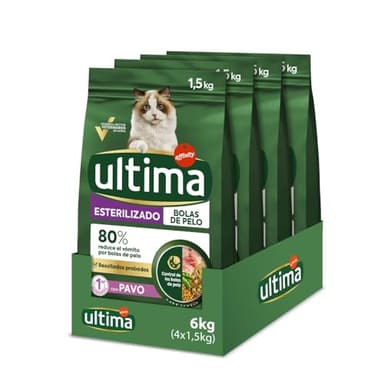 Ultima Cibo per Gatti Sterilizzati con Controllo delle Palline di Pelo con Tacchino - Confezione da 4 x 1,5 kg - Totale: 6 kg