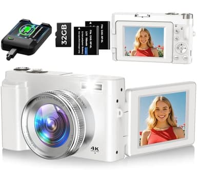 Macchina Fotografica 4K 48MP Autofocus Fotocamera Digitale con Zoom 16X, Schermo Flip 180° Fotocamera Compatta con scheda di Memoria da 32G, Stazione di Ricarica, 2 Batterie per Principianti(Bianco)