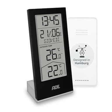 ADE Stazione meteorologica digitale con sensore esterno | termometro per temperatura interna ed esterna | orologio e calendario radiocontrollato con giorno della settimana | batterie incluse | nero