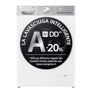 LG AI DD D4R9513TPWC Lavasciuga 13/7kg, Serie R9, Classe D, Lavatrice Asciugatrice, 1400 Giri, TurboWash 360, Vapore Steam+ e Antipiega, Autodosaggio, Wi-Fi, Bianca