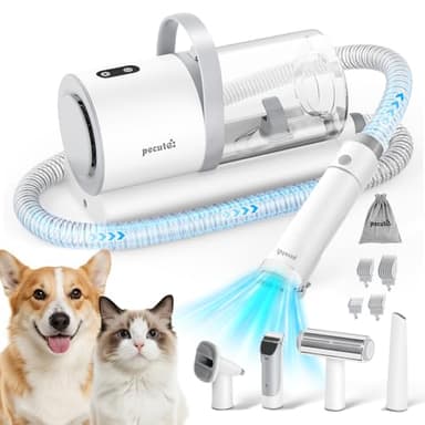 Pecute Aspira Peli Cane 4 in 1 Professionale, Aspirapolvere per Toelettatura con 12000 Pa, Kit per Cani e Gatti, Silenzioso (55 Db), Portata 4m, Contenitore 1.5L, Raccoglie Il 99.99% dei Peli