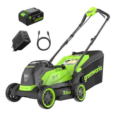 Greenworks 24V Tagliaerba a Batteria con Motore Brushless, Ampiezza di Taglio 33cm, Sacca da 30L tosaerba elettrico CON Batteria da 24V 4Ah & Caricabatterie, Garanzia 3 Anni-MO24L411-01