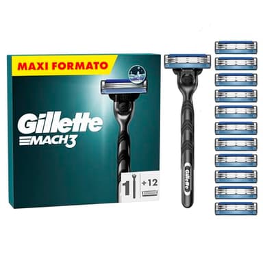 Gillette Mach3 Regolabarba Uomo, Lame Rasoio a Mano Libera, 1 Manico e 12 Lamette da Barba da 3 Lame, Facile Risciacquo, con Gel Lubrificante, Fino a 15 Rasature con 1 Testina