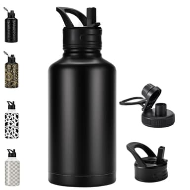 FOLAI Borraccia in acciaio inox, a prova di perdite, 2 l, con cannuccia, per adulti, grande palestra, senza bpa, adatta al lavaggio in lavatrice, per bevande gassate (nero)