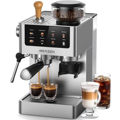 AIRMSEN Macchina per Caffè Espresso con Macinacaffè e Montalatte - Programmable, Compatibile con Caffe Freddo (Cold Brew) e Americano, Macchina da Caffè Domestica per Macinato​/Chicco intero