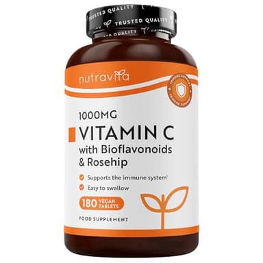 Nutravita Vitamina C 1000mg - 180 Vit C Compresse per 6 Mesi - Vitamina C Pura con Rosa Canina e Flavonoidi - Acido Ascorbico - 100% Vegan - Normale Funzione del Sistema Immunitario