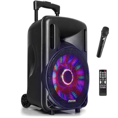 FENTON 170.091 Sistema Portatile attivo da 450W, con illuminazione LED RGB Woofer da 10” con BT/USB / MP3 e Microfono UHF, Nero