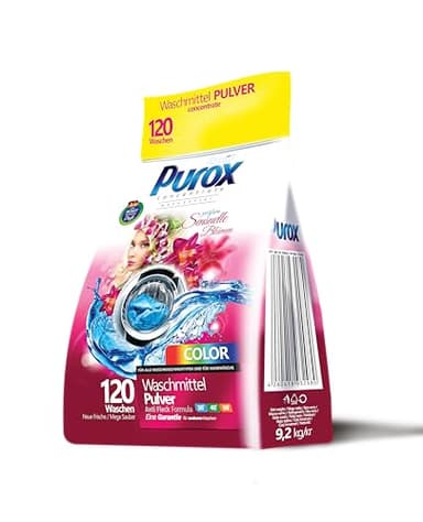 PUROX COLOR Detersivo Lavatrice Polvere Sensuelle Fiori (120 Lavaggi) – Per tessuti colorati, profumo floreale, rimuove le macchie, ecologico, protezione anticalcare, sacco da 9,2 kg