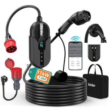 AIMILER Wallbox 11kW (8-16A 400V) 7,6M con Gestione App e OLED Colonnina Ricarica Auto Elettrica Trifase, Cavo Tipo 2 Incorporato Protezione IP66 & CA/CC, Compatibile Model Y/3 Q4 e-208 500e EV/PHEV
