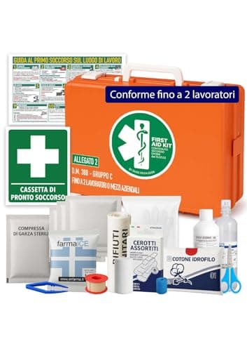 ONFARMA FARMA1 Cassetta pronto soccorso COMPLETA DI CARTELLO PRIMO SOCCORSO conforme DM 388 allegato 2 per aziende fino a 2 lavoratori e mezzi aziendali