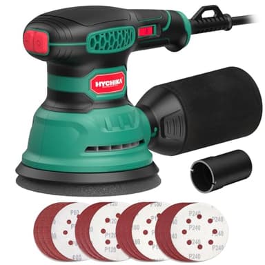 HYCHIKA Levigatrice Orbitale, 300W 12000OPM Levigatrice per Legno, 6 Velocità, con 16 Pezzi Dischi Abrasivi 125, Con Funzione di Frenata Rapida per Levigare e Lucidare il Legno