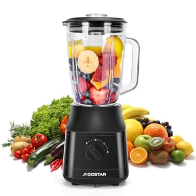Aigostar Frullatore Elettrico, Frullatore da Tavolo con 1.5L Vaso in Vetro Termoresistente, 4 Lame con Rivestimento in Titanio, 800W, 2 Velocità e Funzione Pulse, per Frullati e Purea, Swift