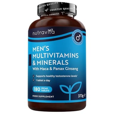Nutravita Multivitaminico e Multiminerale uomo - 25 vitamine e minerali attivi essenziali tra cui radice di maca e panax ginseng - 180 compresse vegane - senza riempitivi o leganti sintetici