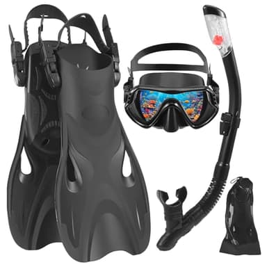 Set snorkeling 3 in 1 per adulti, set professionale per lo snorkeling con pinne regolabili, maschera subacquea anti-perdita e anti-appannamento e boccaglio a tenuta stagna (S/M)