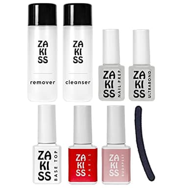 ZAKISS Il miglior KIT SEMIPERMANENTE Completo per UNGHIE SMALTO GEL POLISH BASE & TOP + ULTRABOND + SOAK OFF REMOVER + CLEANSER SGRASSANTE + NAIL PREP + Smalto Rosso + Nude + Lima