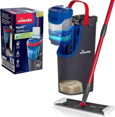 Vileda H2PrO Flat Mop Sistema lavapavimenti a piastra piatta | Separazione acqua pulita e sporca | Progettato per risparmiare acqua | Utilizzo a una mano | Design compatto | Pulizia con microfibra