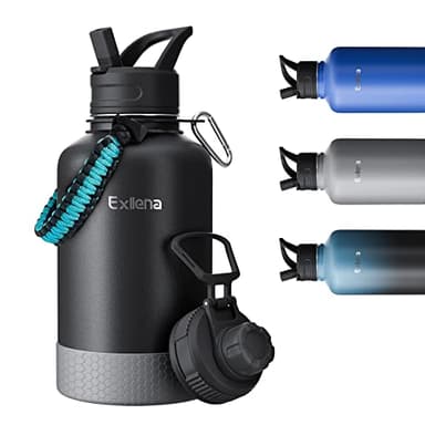 Exllena Borraccia 2 Litri Termica - Bottiglia Termica 18/8 Acciaio Inox Doppio Isolamento Termico, Senza BPA con 2 Coperchi e Manico in Paracord - Tenuta Stagna Borraccia Grande(Nero)