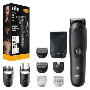 Braun All-in-One Series 5, Rifinitore All-in-One Senza Sforzo Viso e Corpo con Lama Ultra Affilata a Vita e Tecnologia Skinguard per Il Corpo, 120 Min di Autonomia, Impugnatura Aquagrip, Aio5540, Nero