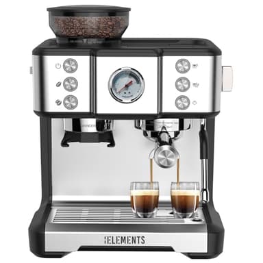 KB-ELEMENTS - Macchina per caffè espresso con macinino integrato, 20 bar, macinino professionale, serbatoio dell'acqua da 2,6 l, testa di estrazione da 58 mm, argento