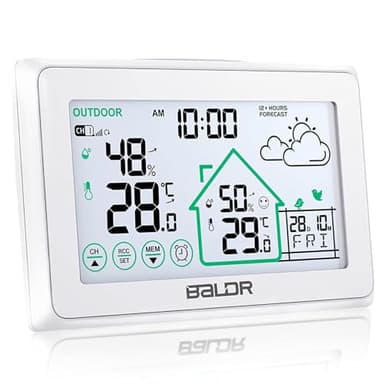 BALDR Stazione Meteo LCD Radio con Sensore Esterno, Stazione Metereologica con Previsioni Meteo, Temperatura e Umidità, Livello di Comfort, 4 Livelli di Retroilluminazione