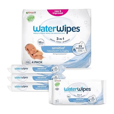 WaterWipes Sensitive+ Newborn & Baby Wipes, Salviettine per Neonati e Bambini, 240 Pezzi (4 Confezioni), Deterge, Cura, Protegge, 99,9% Acqua, Senza Profumo