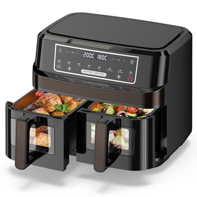 Friggitrice ad Aria Calda 2 Camere | 10L Friggitrice ad Aria con Finestra Osservare, Friggitrice ad Aria Dual Zone 8 in 1 con 2 Cassetti da 5L,Friggitrice ad Aria Calda a Doppia Camera Meno Petrolio