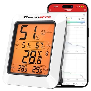 ThermoPro Termoigrometro per Casa TP350, Termometro Bluetooth per Serra da Interni Monitor Fino a 80m, Sensore di Temperatura Misuratore di Umidità Retroilluminato con Esportazione Dati per 2 Anni