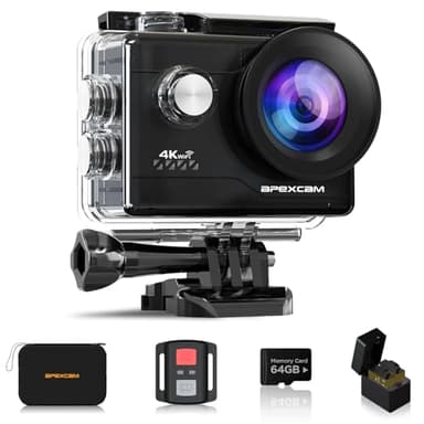 Apexcam 4K 60FPS EIS Action Cam 64MP Con Scheda di Memoria 64GB WiFi Sports Camera Ultra HD Telecamera subacquea 40M 170 ° Wide Angle 2.4G Telecomando Time Lapse 2x1350mAh Batterie