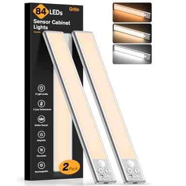 Gritin Luce Led Sottopensile Cucina Ricaricabile 2 Pezzi- 3 Colori & 5 Luminosità, Super Luminoso, 4 Modalità, Sensore di Movimento, Lunga Durata- Facile Installazione Magnetiche Luce Armadio-26CM