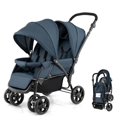 RELAX4LIFE Passeggino Pieghevole Gemellare con Ruote Universali, 2 Cintura di Sicurezza a 5 Punti, 2 Tettoie Regolabili, Maniglia Regolabile per Neonati 0-36 Mesi (blu)