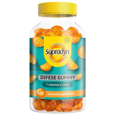 Supradyn Difese Gummy Multivitaminico Caramelle, Integratore Multivitaminico Difese Immunitarie Adulti con 7 Vitamine e Zinco, Vitamina D, Vitamina C, 120 Vitamine Gommose Gusto Arancia