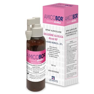Amicobor Alcolico Spray Orecchie Pulizia 100ml Soluzione Alcolica 60° Spray Auricolare per Pulizia Orecchie con Acido Borico 3% e Glicerina Sciogli Cerume per la Corretta Igiene del Condotto Uditivo