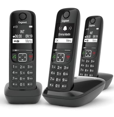Gigaset AS690 Trio Telefono Cordless: 3 Portatili per Chiamate Interne ed Esterne in Parallelo, Vivavoce Alta Qualità, Tastiera Illuminata ed Ampio Display, Nero [Versione Italiana]