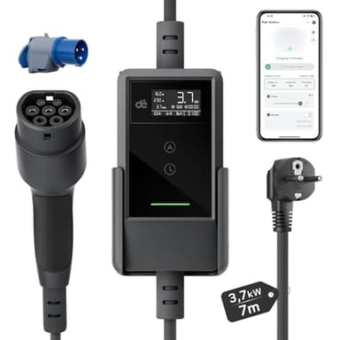 dé Wallbox con APP 3,7kW [7m | 6-16A] Colonnina Ricarica Auto Elettrica con Supporto, Cavo Ricarica Auto Elettrica Tipo 2 Schuko Compatibile con Model Y/3, e208 e Altri EV/PHEV