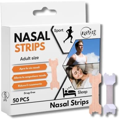 Cerotti Nasali Sport - 50 Pezzi Nasal Strips Antirussamento Ipoallergenici per Respirazione Migliore, Uso Notturno e Sportivo - Rush2.0