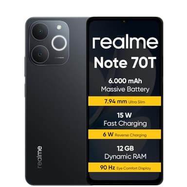 realme Note 70T Smartphone 4+256 GB, Batteria da 6.000 mAh, Ricarica rapida da 15 W con carica inversa da 6 W, 24 GB di RAM dinamica, Display con comfort visivo da 90 Hz, nero