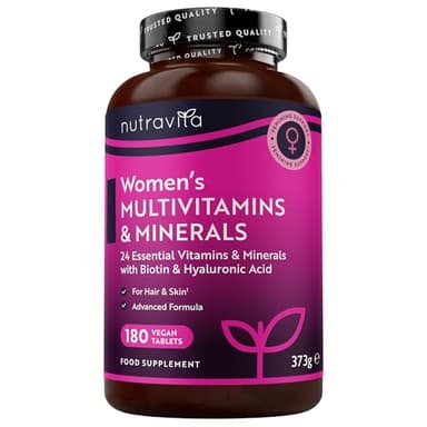 Nutravita Multivitaminico e Multiminerale Donna - 24 vitamine e minerali attivi essenziali tra cui biotina e acido ialuronico - 180 compresse vegane - Senza riempitivi o leganti sintetici