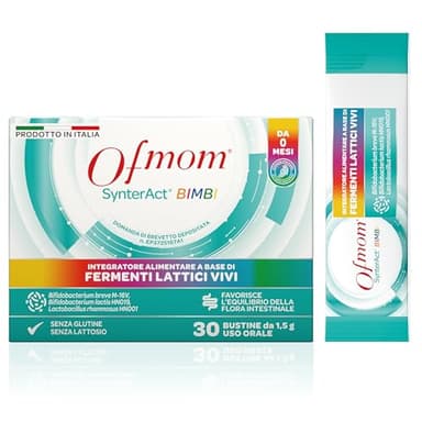 Ofmom SynterAct® BIMBI, Integratore Alimentare per Bambini con Fermenti Lattici Vivi, dai 0 Mesi, Favorisce l'Equilibrio della Flora Intestinale, Insapore e Inodore, Made in Italy, 30 Bustine da 1,5 g