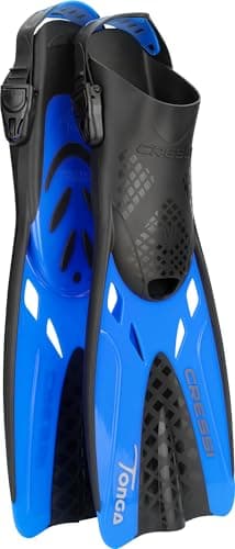 CRESSI Tonga Fins Black/Blue L/XL - Pinne Leggere Corte Regolabili con Scarpetta Aperta, Ideali per Snorkeling, Nuoto, Nero/Blu, L/XL (42/47), Adulti